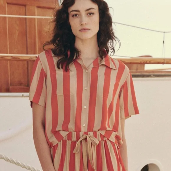 The Great. The Bowling Button Down Shirt Blouse In Sunset Stripe Orange Size 3 L - Picture 2 of 8